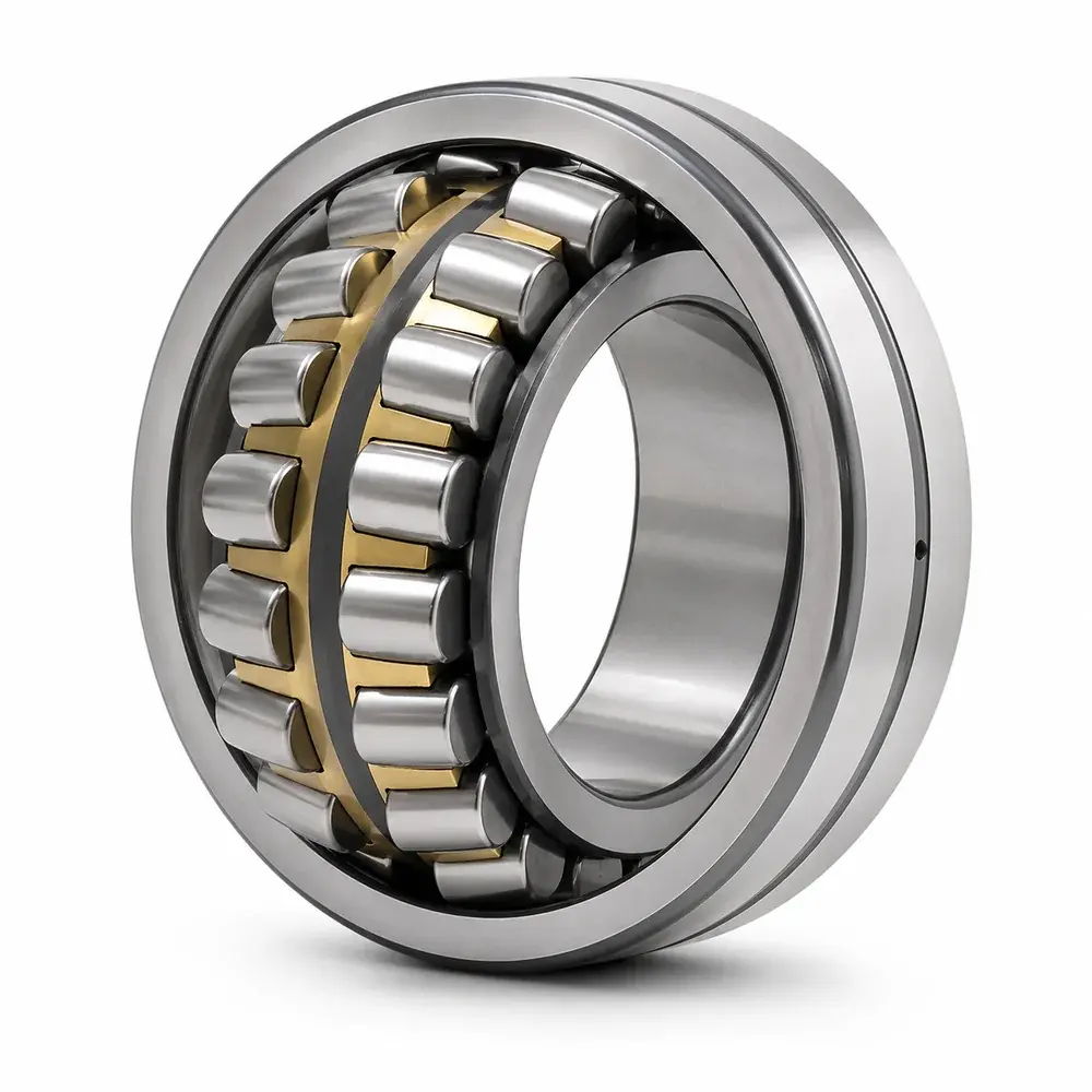 Spherical roller bearing with double-row barrel rollers running on a common spherical raceway, accommodating up to 2 degrees of shaft misalignment