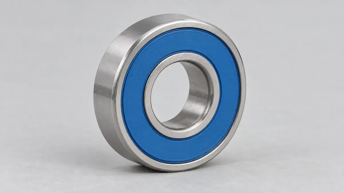 A deep groove ball bearing standing on a grey surface with its face fully closed by a solid mid-blue rubber contact seal seated in a recess in the outer ring, a bright steel rim visible around the seal and the bore open in the middle