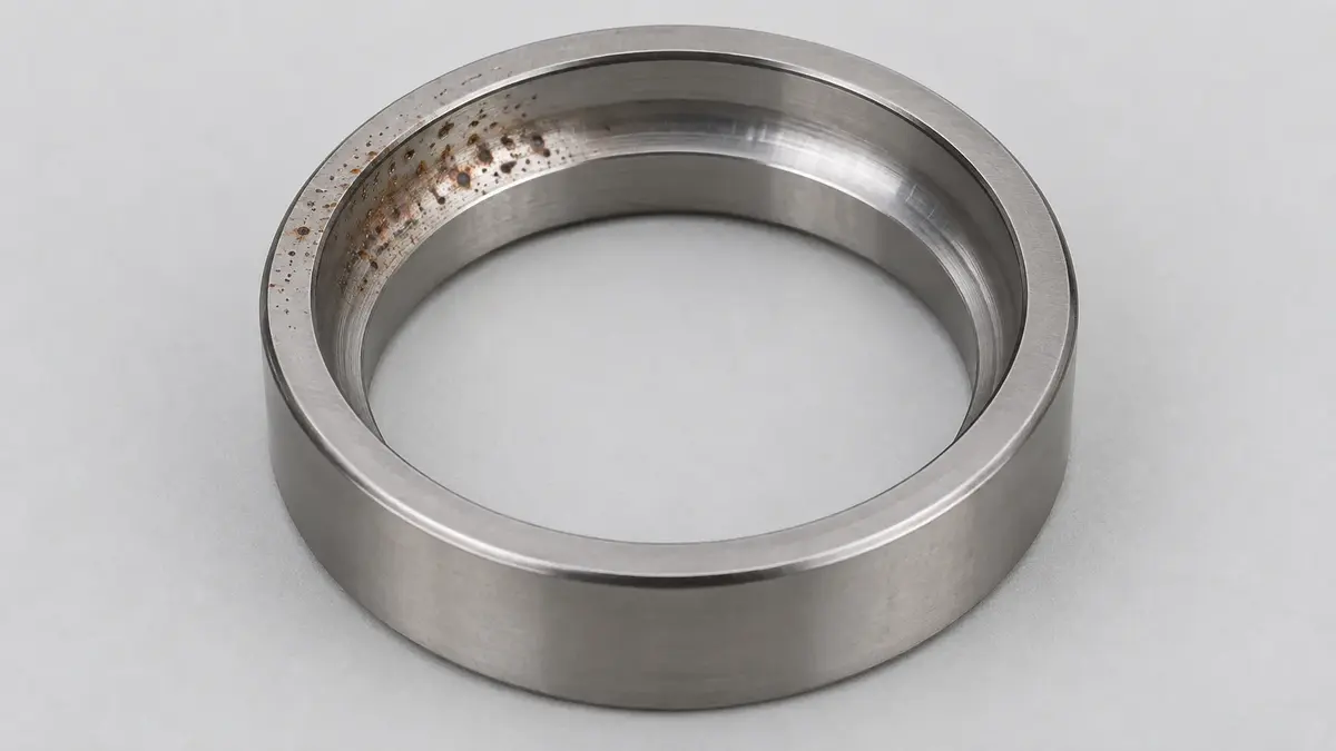 Many small separate corrosion pits of uneven size scattered across one arc of the raceway and face of a stainless steel bearing outer ring, each pit a dark point in a reddish brown stain, with the rest of the ring clean and unmarked