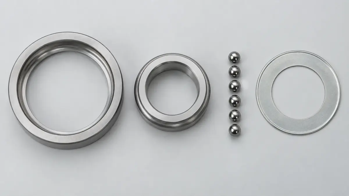 A deep groove ball bearing laid out disassembled on a grey surface: the outer ring, the smaller inner ring, a row of six loose steel balls and a flat pressed shield disc, with a ground raceway groove visible in the outer ring bore and around the inner ring outside diameter