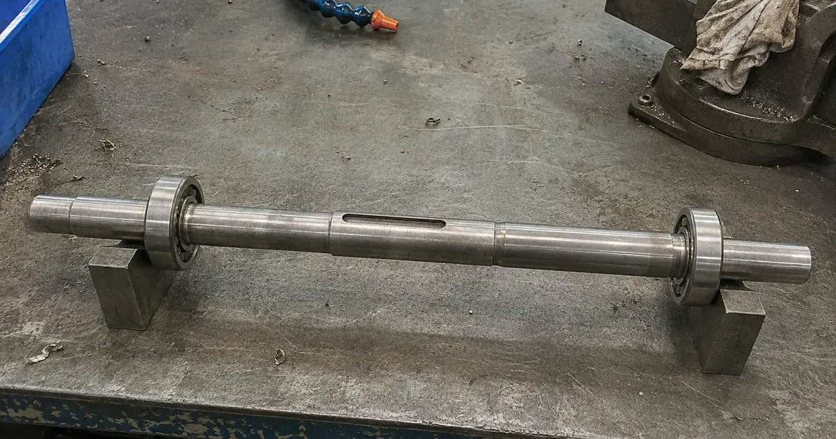 Gearbox shaft resting in V-blocks with a bearing seated on a ground journal at each end, the two-position arrangement that carries radial load across the shaft axis and axial load along it