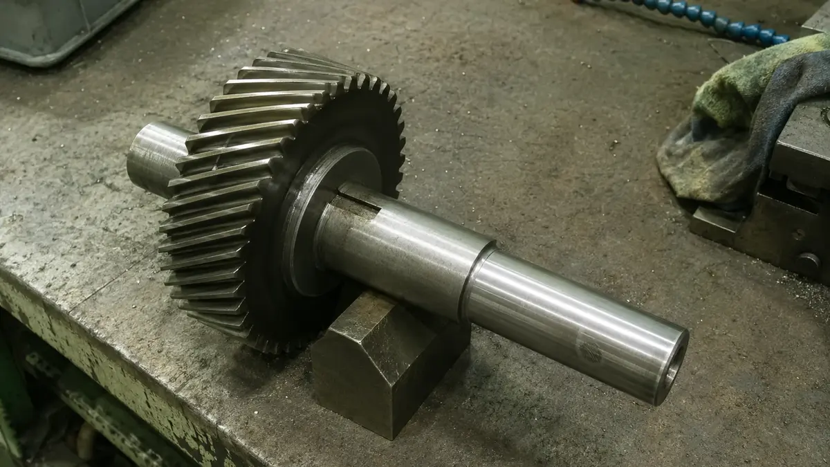 Helical gear on a gearbox shaft beside an empty ground bearing journal, the tooth helix angle that converts transmitted torque into axial load carried at the bearing position