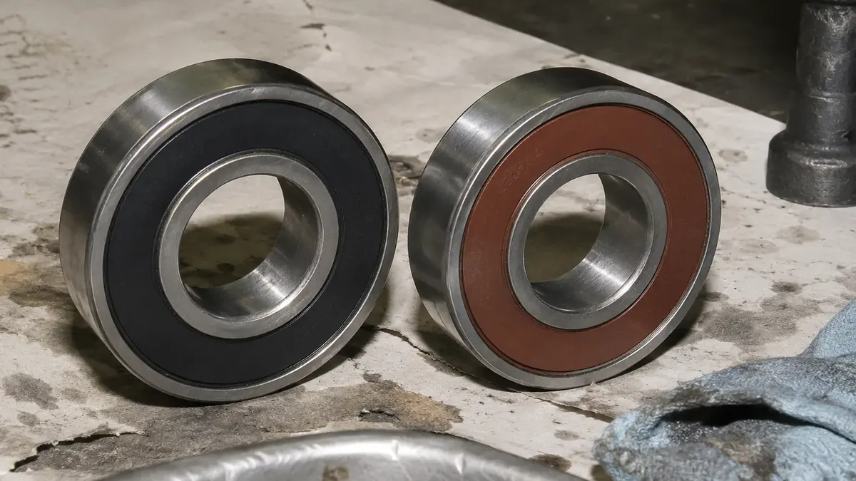 Two deep groove ball bearings of identical size and identical seal geometry, the left sealed in black nitrile and the right in rust-brown fluoroelastomer: the same contacting lip on both, so a change of compound and of service temperature range is invisible to a bearing cross reference chart