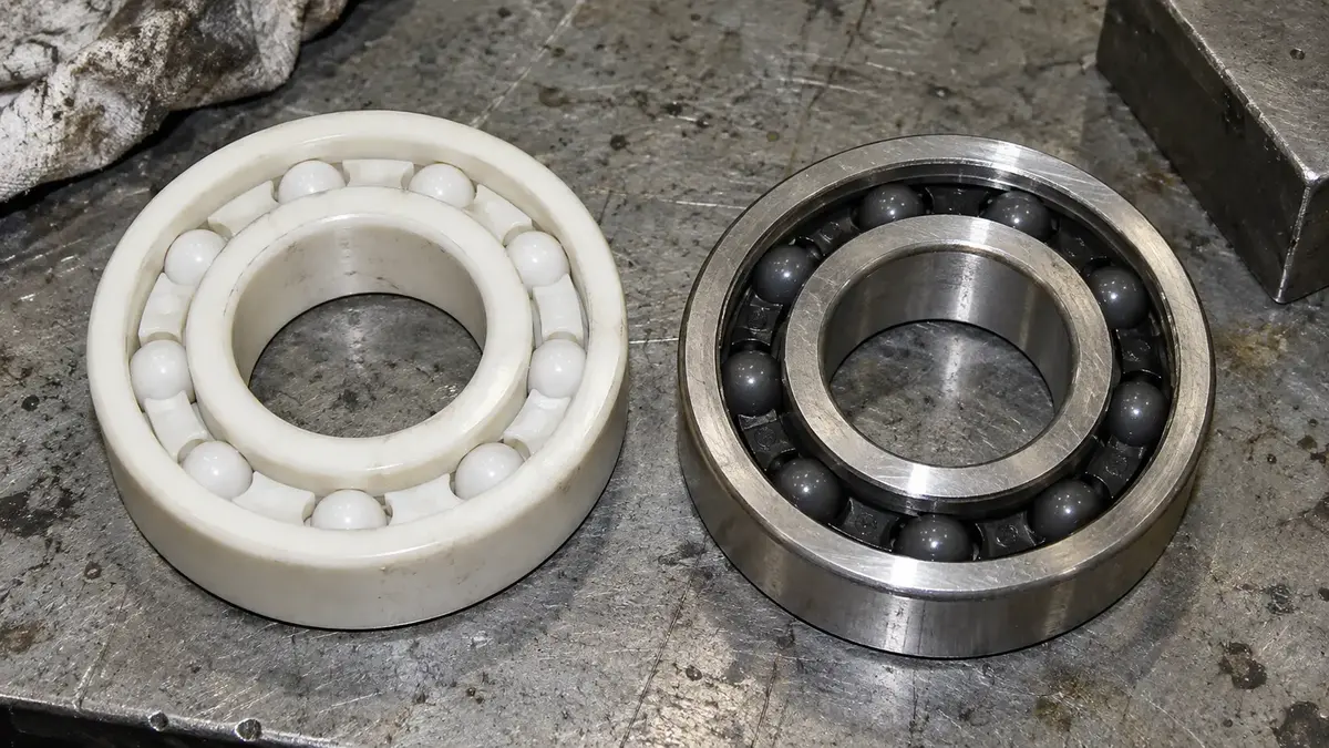 Full ceramic bearing with ivory ceramic rings and white balls beside a hybrid ceramic bearing with steel rings and dark silicon nitride balls, the distinction that decides load rating, speed limit and failure mode