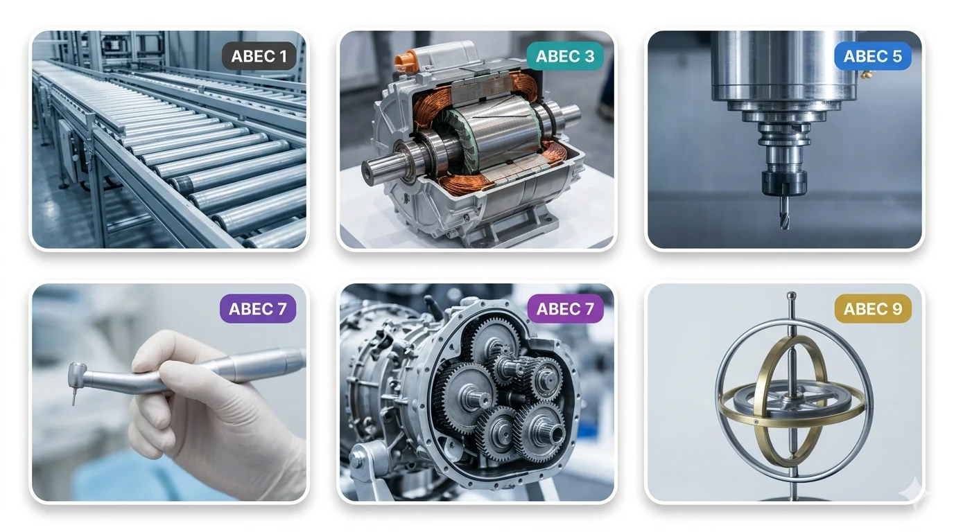 Grid enam panel menunjukkan aplikasi kelas ABEC — roller konveyor (ABEC 1), motor traksi EV (ABEC 3), spindel milling CNC (ABEC 5), handpiece dental (ABEC 7), gearbox mesin jet (ABEC 7), giroskop (ABEC 9)