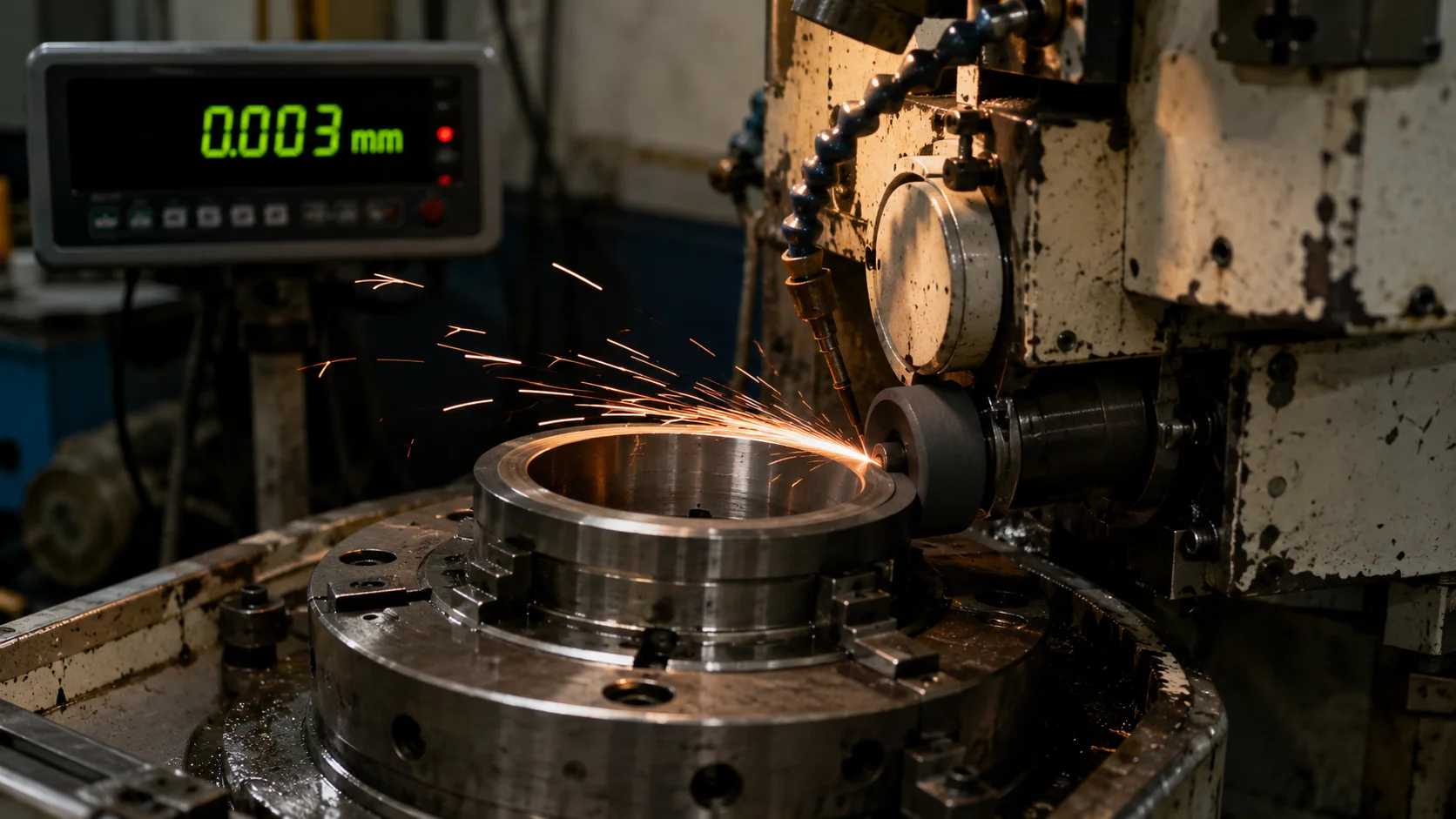 Mesin gerinda internal CNC menyelesaikan ring dalam bearing dengan percikan api dari roda gerinda, pembacaan digital menunjukkan presisi 0,003 mm