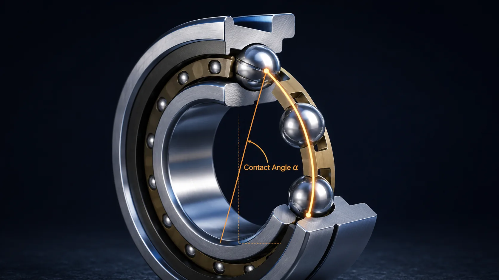 Cutaway of a single-row angular contact ball bearing showing the inner and outer raceways offset so the ball-contact line runs at a contact angle to the radial plane