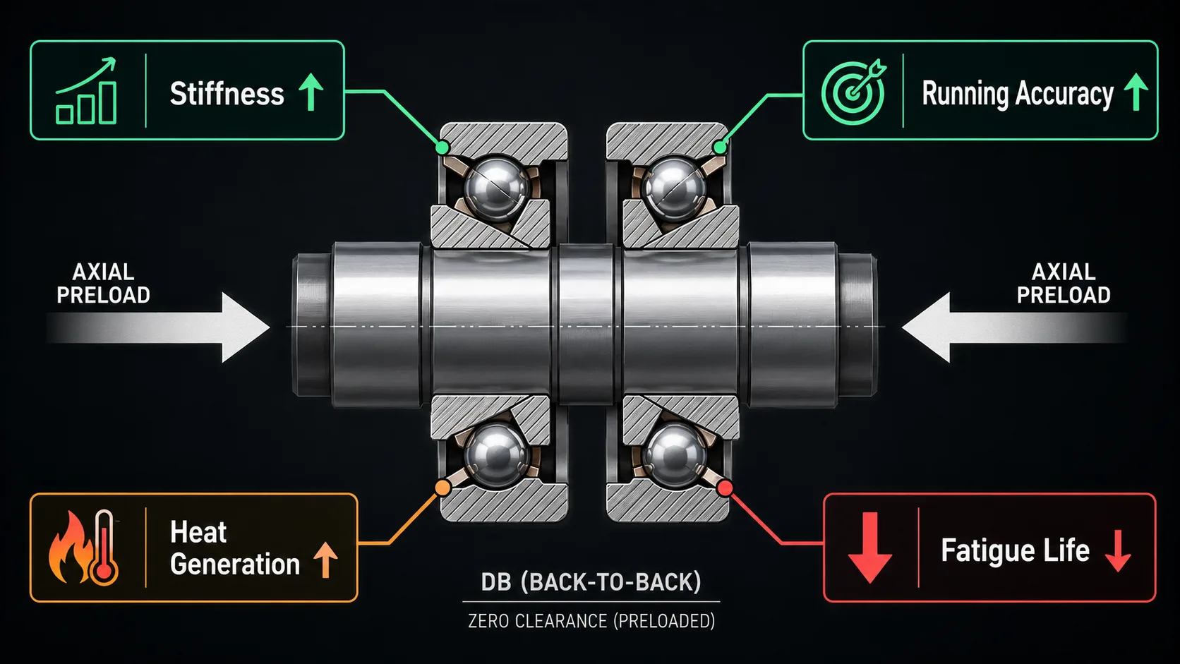 Diagram of preload in a paired angular contact bearing set, showing an axial force pushing the two bearings together with callouts for stiffness, running accuracy, heat generation and fatigue life