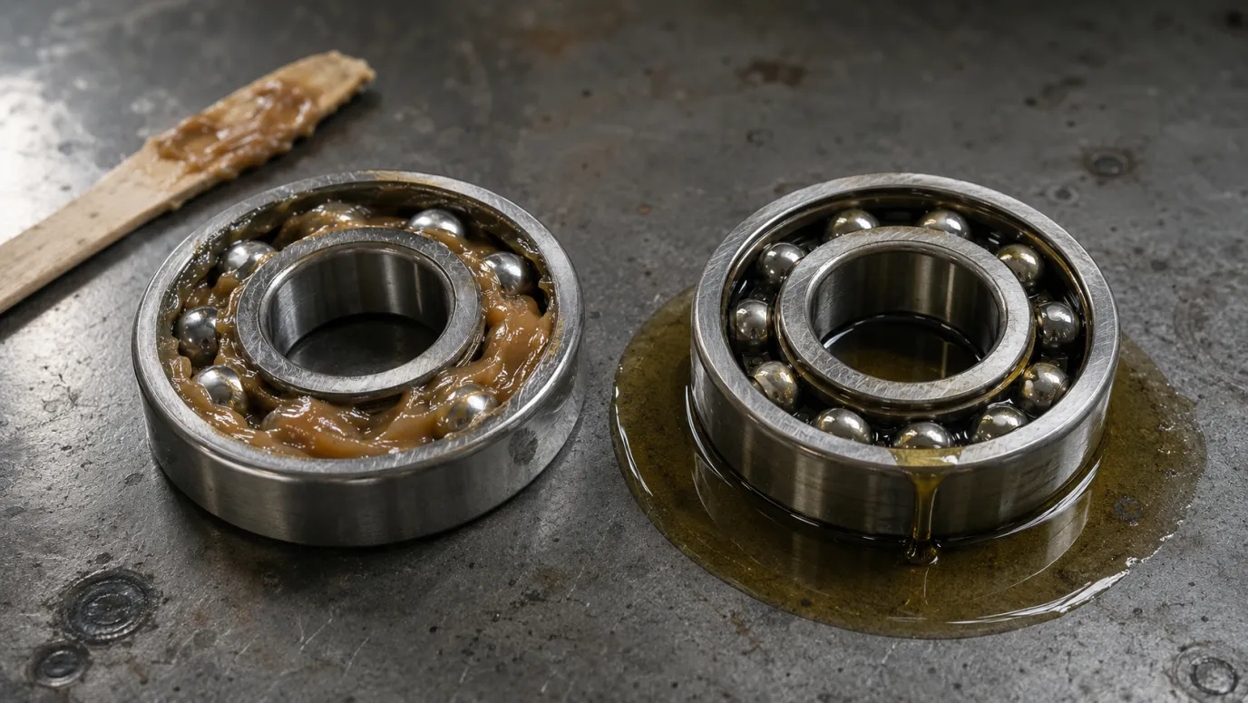 Side-by-side comparison of a grease-packed ball bearing next to an identical bearing sitting in a pool of lubricating oil