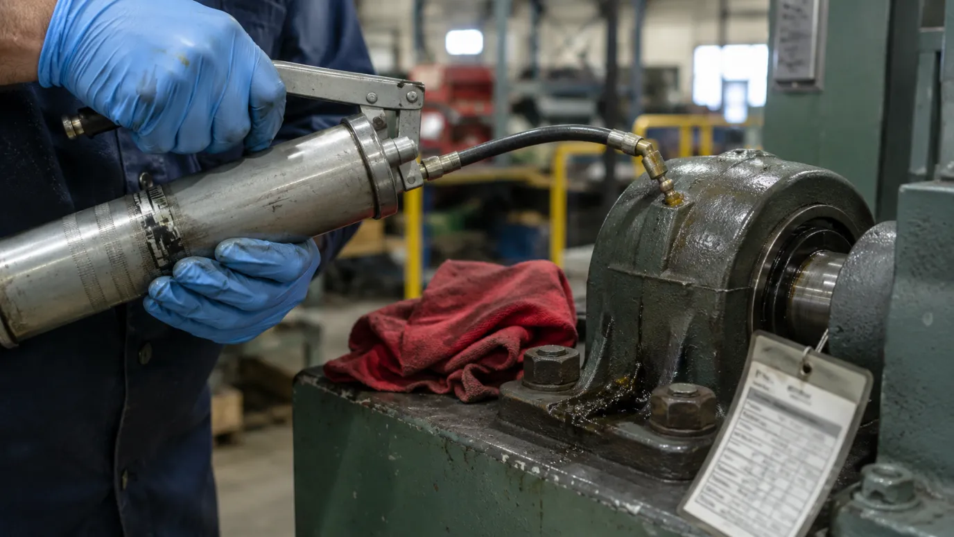 Technician regreasing an industrial pillow-block bearing through its grease fitting with a manual grease gun