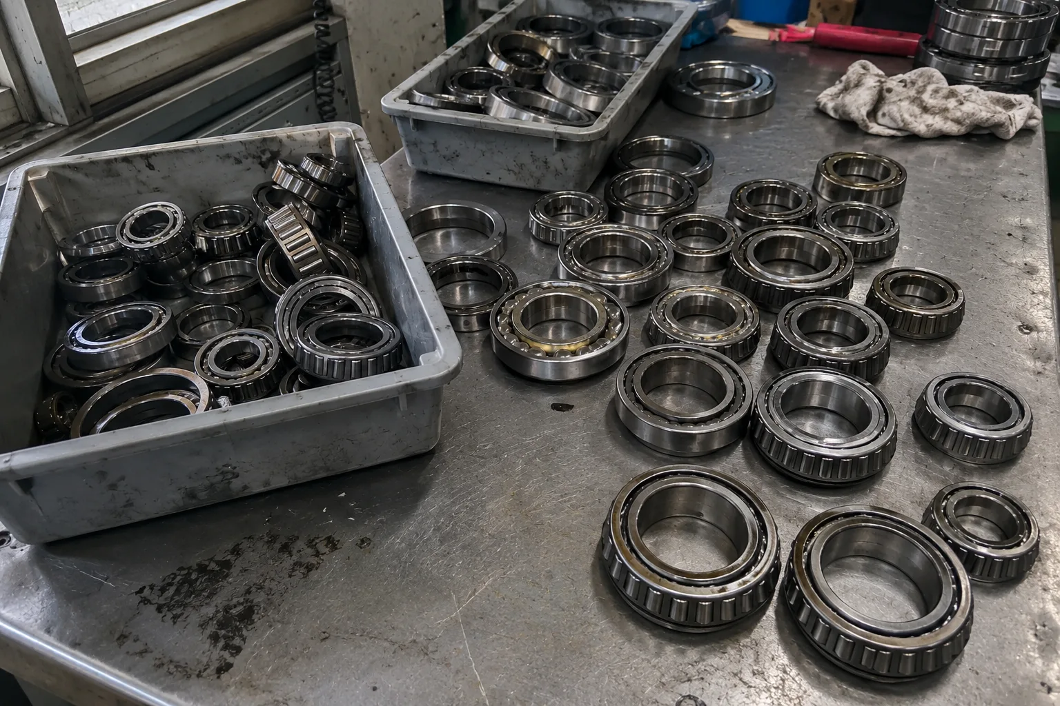 Finished tapered roller and ball bearings sorted in grey bins and laid out on a scuffed stainless steel factory workbench
