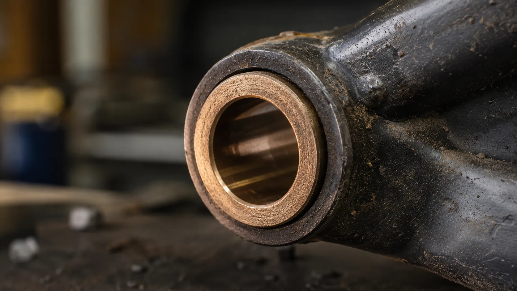 Sleeve bushing bronze yang dipasang press-fit ke mata pivot mesin berat, terpapar debu dan beban kejut