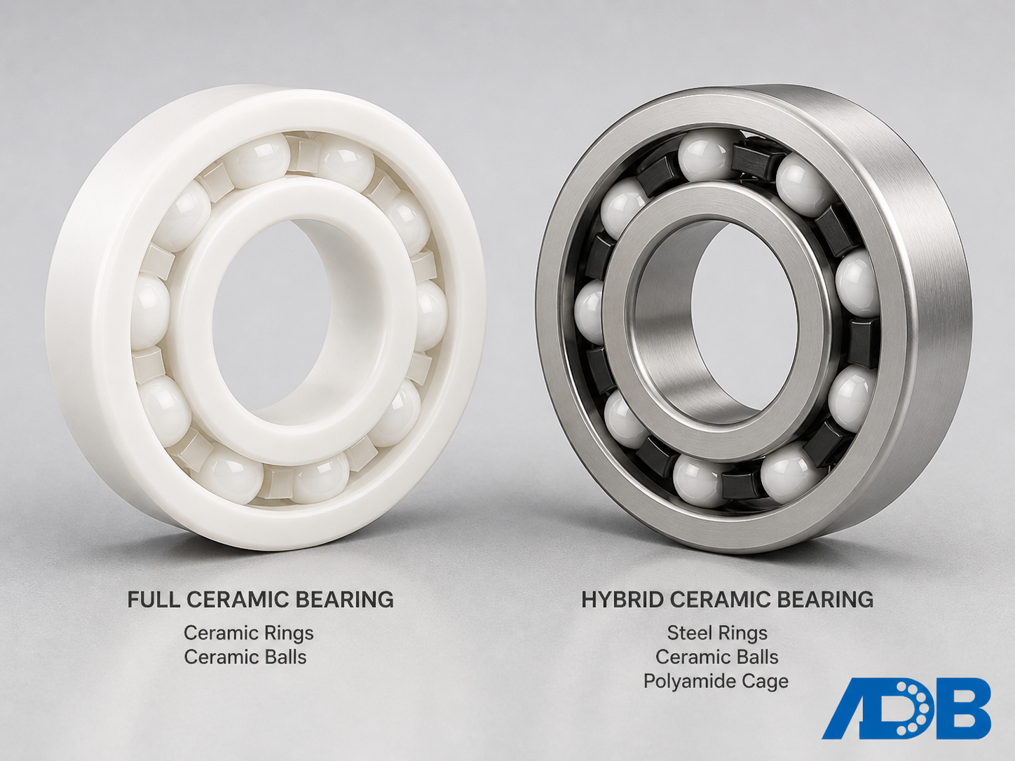 Full ceramic bearing with ceramic rings and balls (left) compared to hybrid ceramic bearing with steel rings and ceramic balls (right)