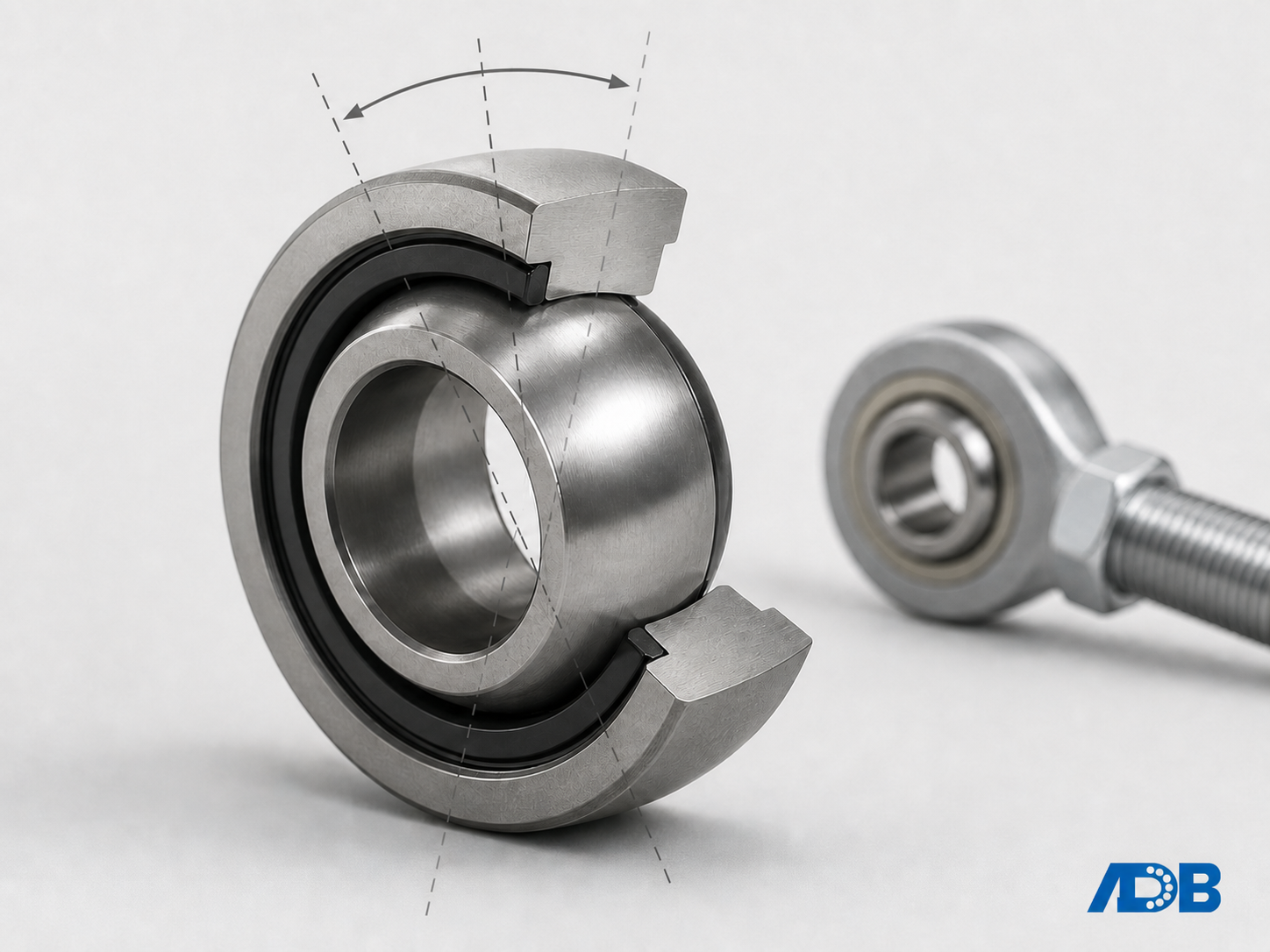 Spherical plain bearing cutaway showing angular misalignment capability, with rod end bearing
