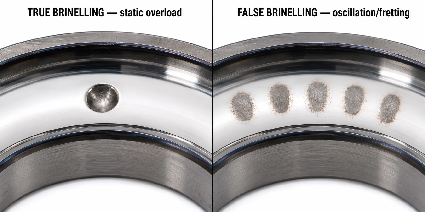 Side-by-side comparison of true brinelling versus false brinelling on bearing inner-ring raceways — left shows a single deep static-overload indentation, right shows a row of evenly-spaced shallow oscillation-fretting wear scars