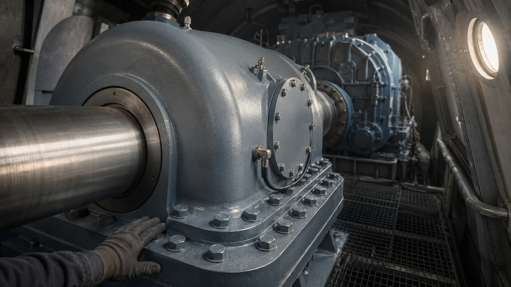 Wind turbine nacelle showing the main shaft bearing — a slow-rotation, static-load-governed bearing application