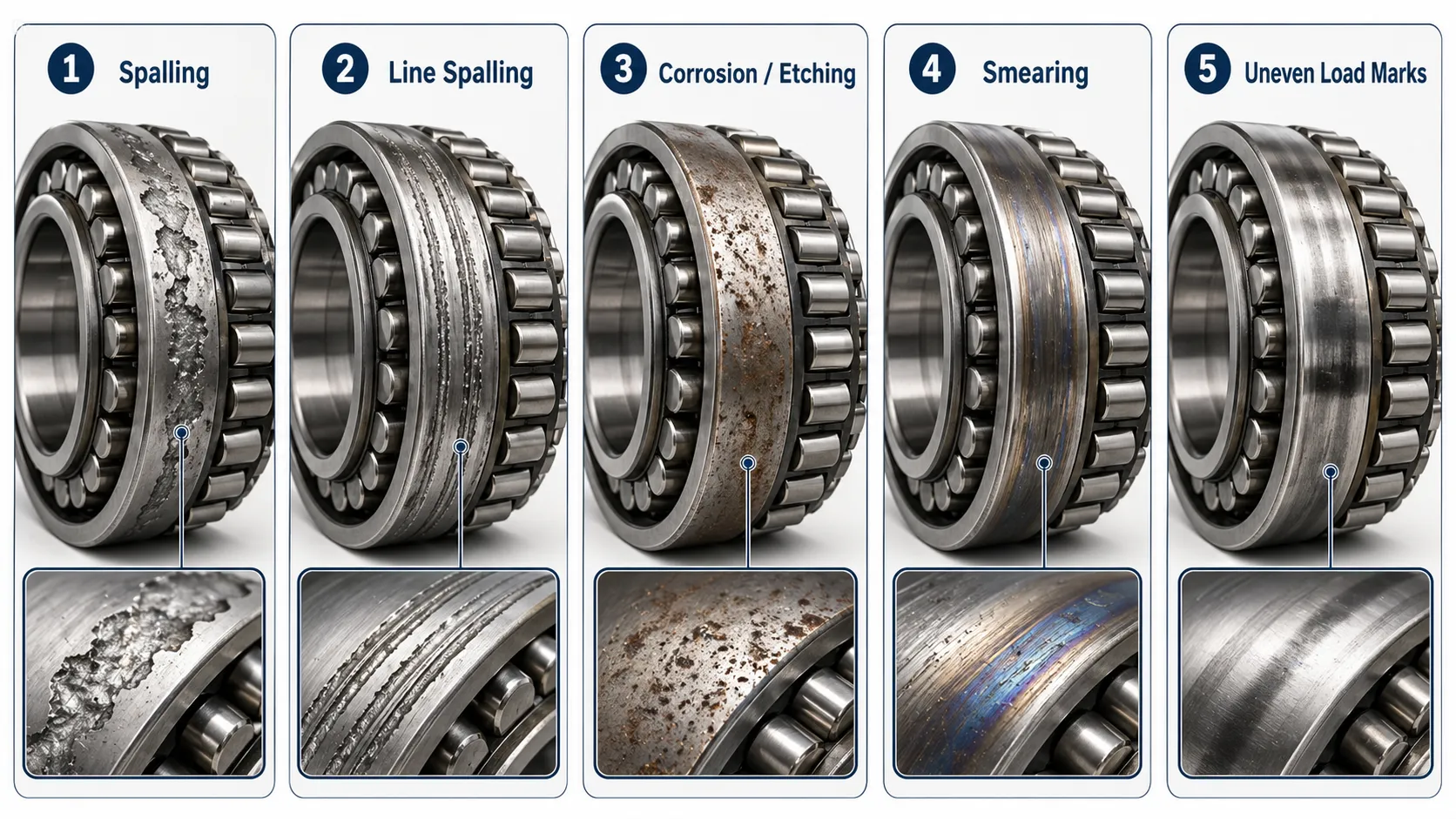 Bearing damage pattern comparison — spalling, line spalling, corrosion, smearing, and uneven load marks on four-row tapered roller bearing raceways