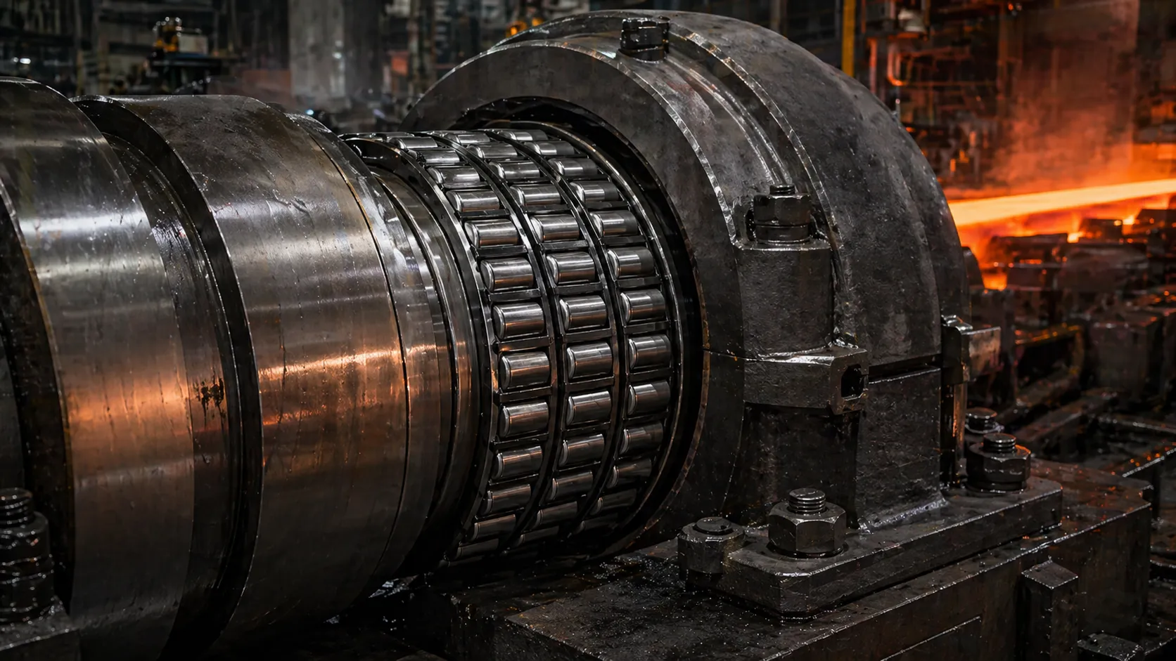 Four-row tapered roller bearing installed in a hot strip mill roll neck chock assembly