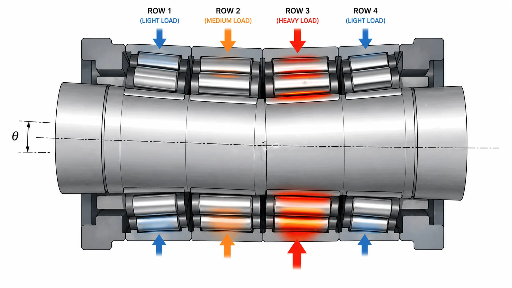Uneven load distribution across four rows of a tapered roller bearing caused by roll neck misalignment
