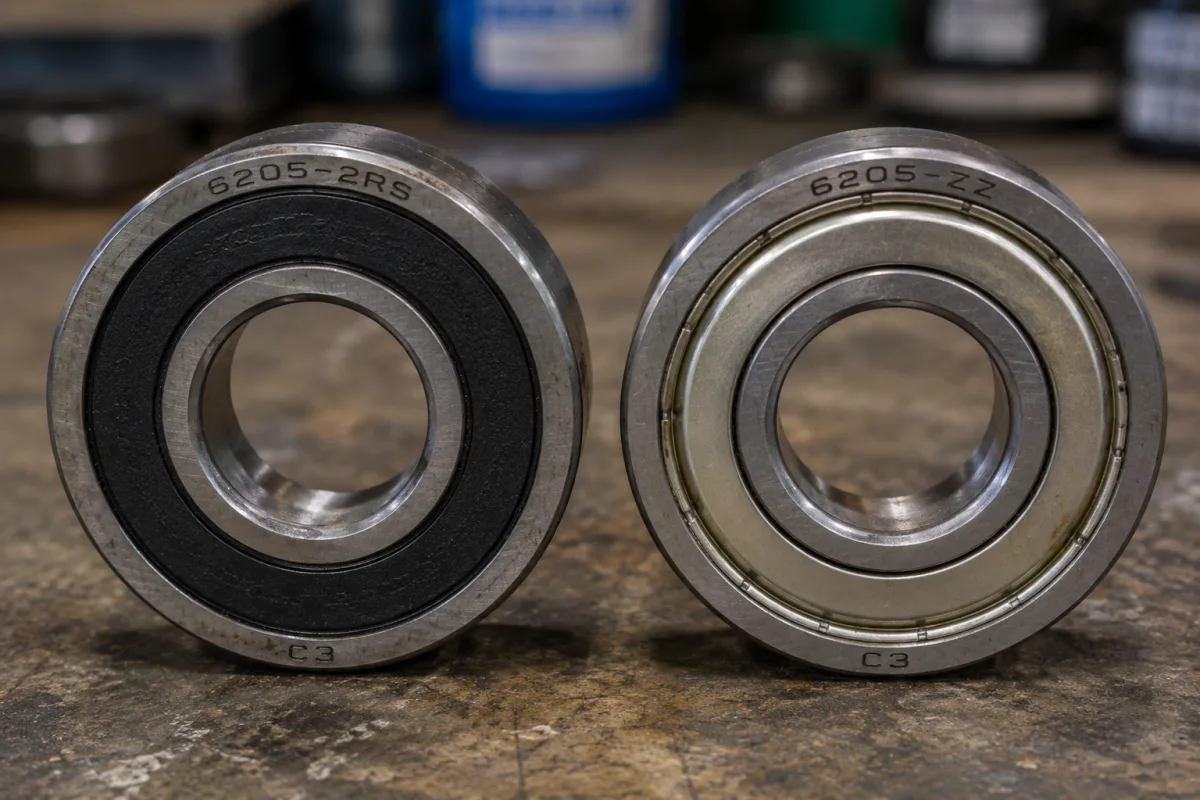 Two 6205 bearings side by side: the left with matte black rubber contact seals marked 6205-2RS, the right with bright pressed-steel metal shields marked 6205-ZZ, both C3 clearance