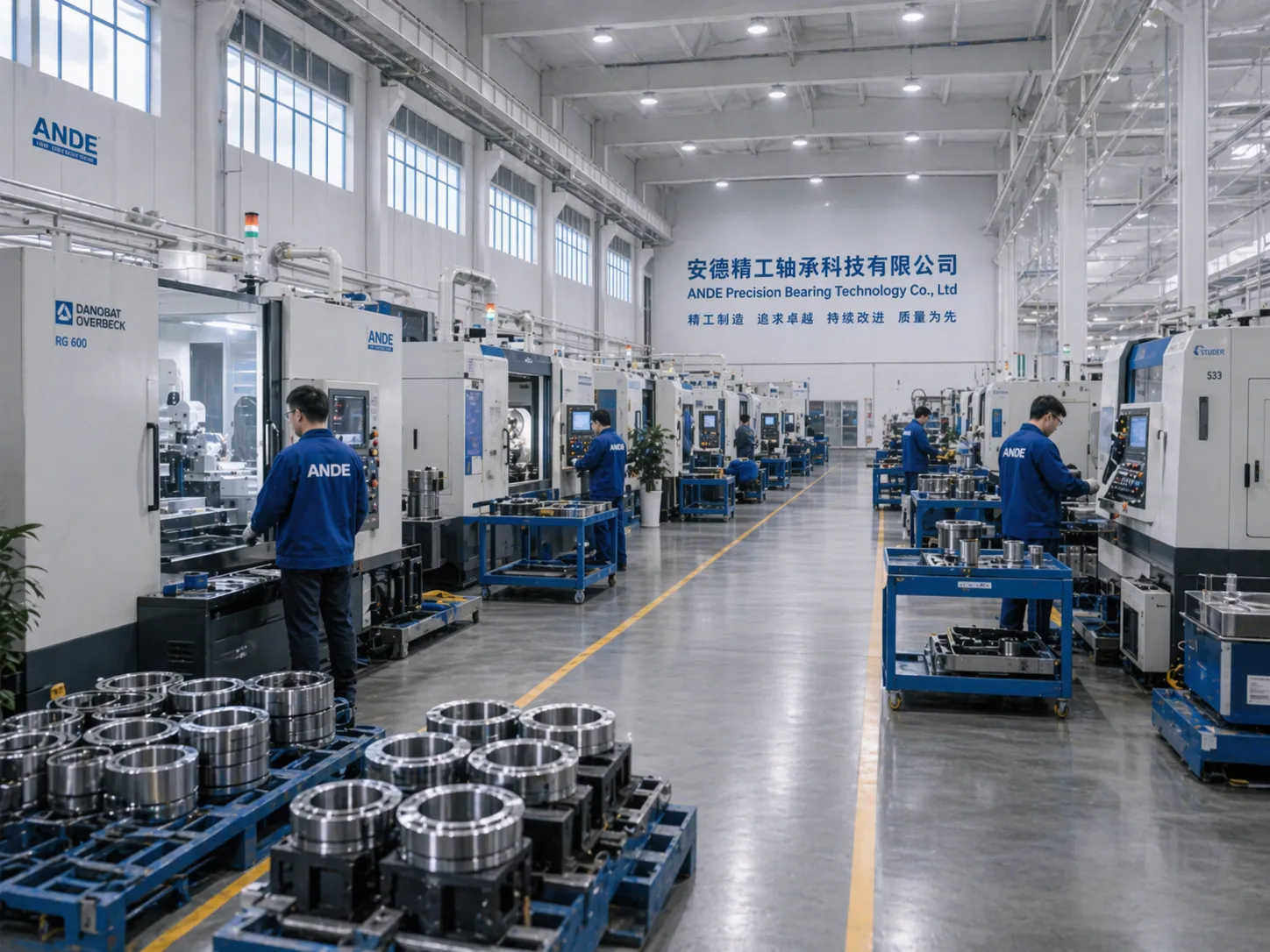 安德工厂内的 CNC 精密磨削设备,以及托盘上已加工的轴承套圈。公差等级就是在这里守住的