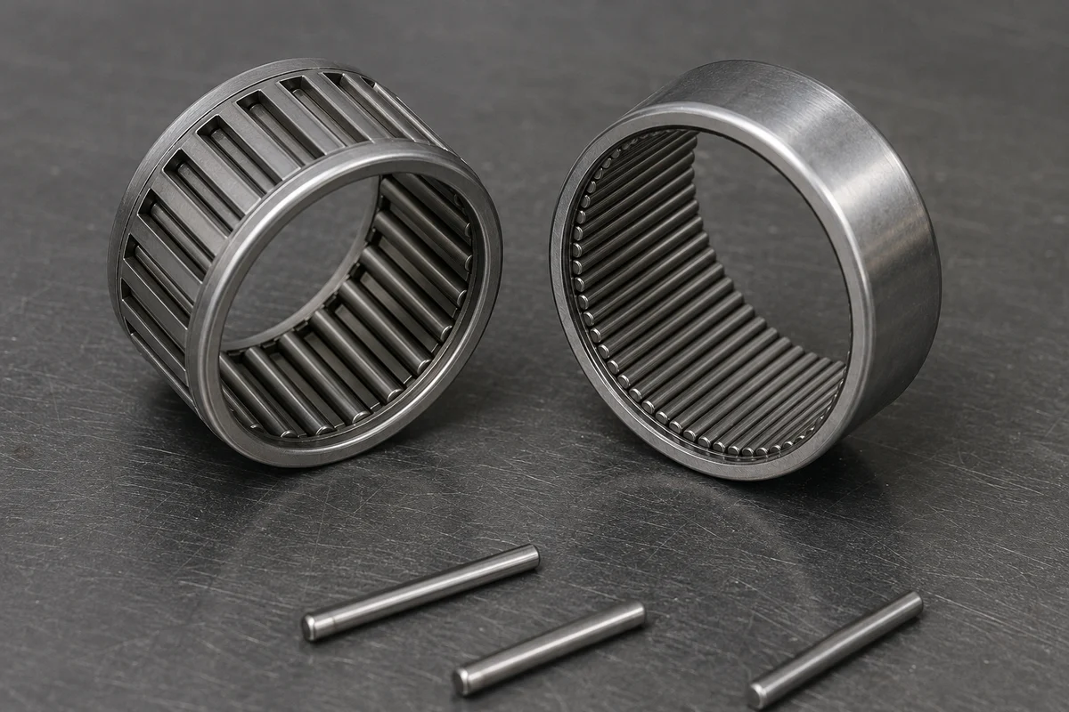 Two needle roller bearings side by side: the left one caged with its needle rollers spaced apart by cage bars, the right one full complement with no cage and roughly twice as many rollers packed together, with three loose needle rollers in the foreground showing their slender pin shape
