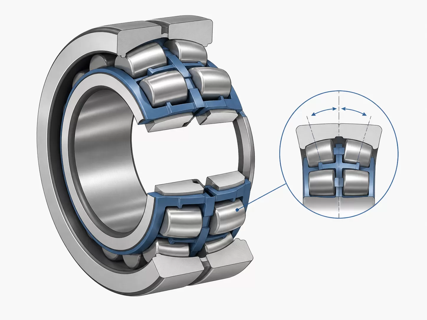 Sección transversal de rodamiento de rodillos a rótula mostrando la pista exterior cóncava y los rodillos en forma de barril — diseño autoalineable