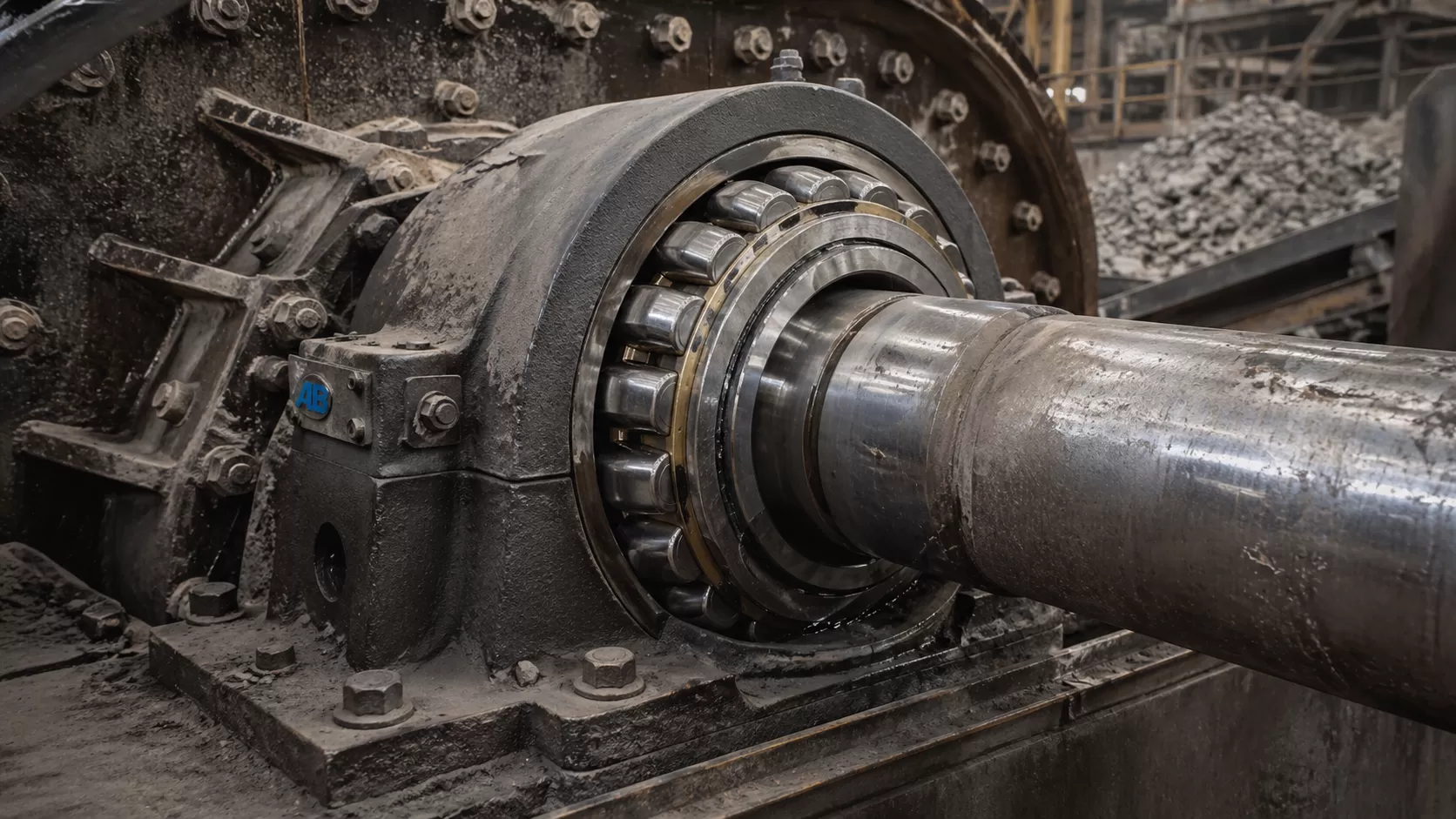Rodamiento de rodillos a rótula instalado en soporte de pie del eje principal de trituradora — aplicación de rodamientos en minería