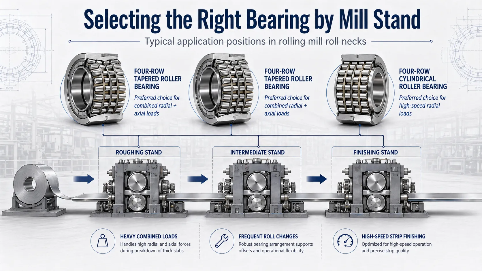 Lựa chọn ổ bi phù hợp theo giá cán — ổ bi đũa côn cho giá cán thô và trung gian, ổ bi đũa trụ cho giá cán tinh tốc độ cao