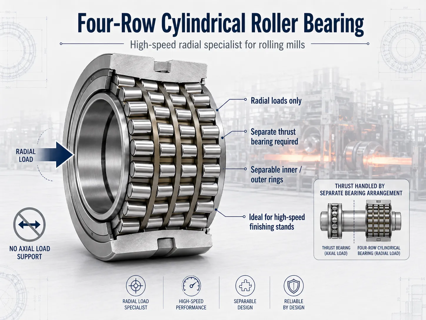 Ổ bi đũa trụ bốn hàng — chuyên gia hướng tâm tốc độ cao cho máy cán, hiển thị đường tải chỉ hướng tâm, vòng trong/ngoài tách rời, và bố trí ổ bi chặn riêng biệt